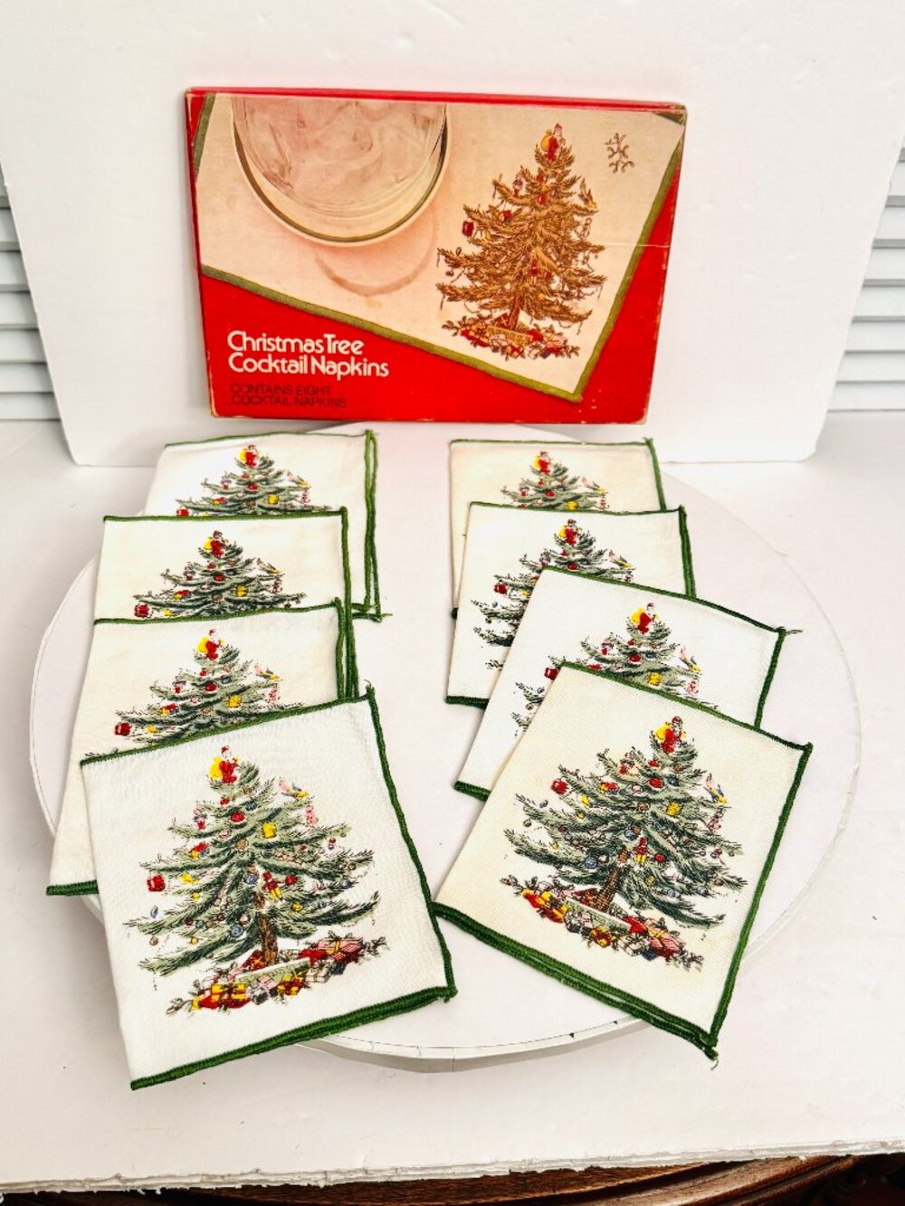 Vtg Spode Christmas Tree Cloth Cocktail Napkins 8.5x5" set of 8